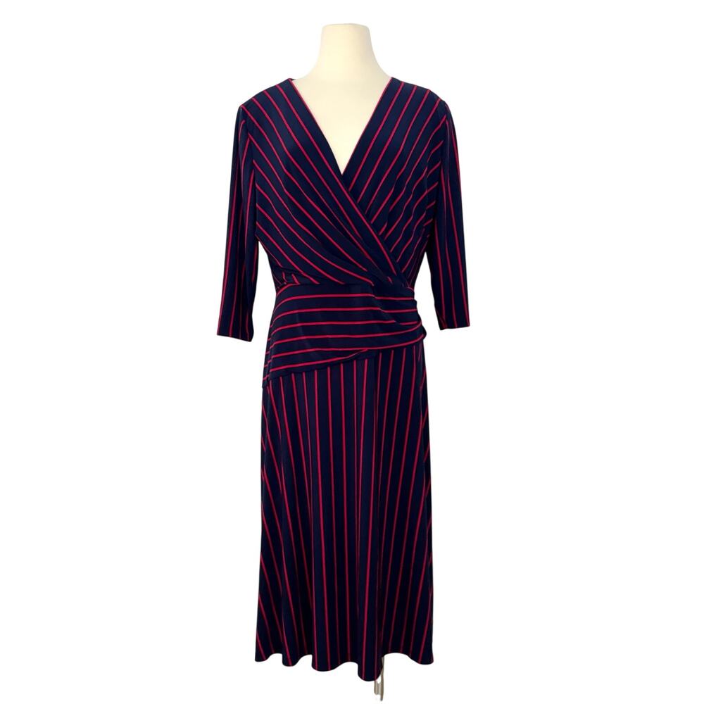 Lauren Ralph Lauren Fit and Flare Dress Surplice Neck Wrap Striped Red Navy 16